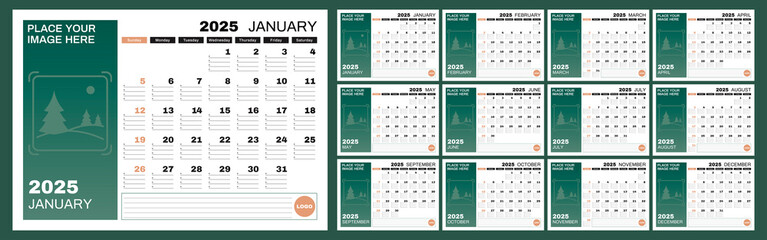 Set of 12 horizontal calendar pages for 2025 with place for photo. Vector design template. Week starts on Sunday.
