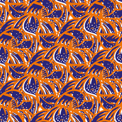 Mint leaves textural vector seamless pattern background. backdrop with lino or mono block print style tropical neon orange indigo peppermint herb foliage. Abstract botanical drawn texture repeat