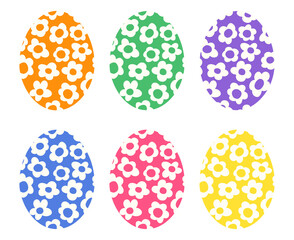 Set of Easter egg icons. Simple cartoon flat vector illustration with egg silhouettes with floral pattern print, isolated on white. Groovy and funky 60s, 70s style