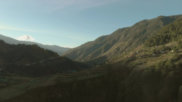 green mountainous valley in remote region of Philippines, Kabayan, Benguet Slow reversing wide aerial