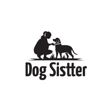 Human and dog silhouette vector design logo, dog sitter, dog lover illustration.