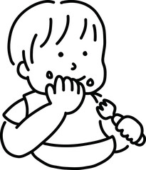 フォークを持ちながら手づかみ食べをする子ども　ベクターイラスト