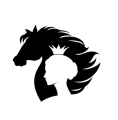 beautiful fairy tale queen or princess wearing royal crown with her horse profile head black and white vector silhouette portrait