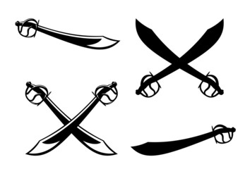 antique pirate sabre sword vector design - crossed backsword blades black and white outline and silhouette set