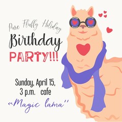 A fashionable Lama in black glasses. Cute animal lama, with fluffy, curly hair. Lama in light, black, peach and purple colors. Background for the store, Birthday card for children