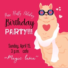 Square pink birthday invitation with a lama in glasses