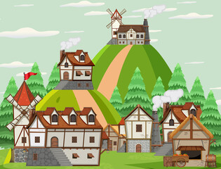 Fototapeta na wymiar Medieval village scene with windmill and houses