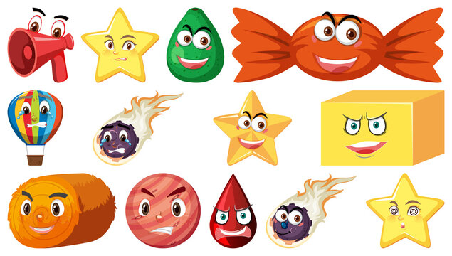 Set of different toy objects with smiley faces