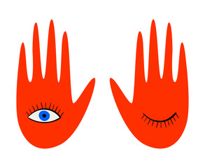 Vector illustration of abstract funky hands with eyes. Colorful doodle boho symbols. Psychedelic illustration for print, poster, card, collage design