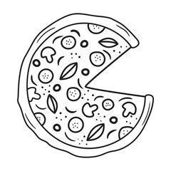 Black outline pizza icon. Doodle silhouette of italian meal. Hand drawn fast food drawing. Vector illustration