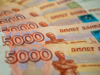 Russian money background. Russian roubles, russian rubles cash closeup. Rubles in cash. Finance and business background. 5000 rubles. Money macro. 
