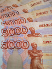 Russian money background. Russian roubles, russian rubles cash closeup. Rubles in cash. Finance and business background. 5000 rubles. Money macro. 