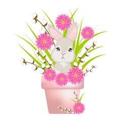 A bunny in a flower pot. Easter bunny. Easter. Holiday.