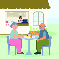 Senior couples eating cake together, seniors day.