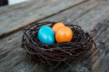 Easter eggs in the nest on wooden background