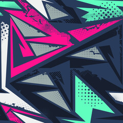 Urban seamless pattern with curved geometry elements and grunge spots