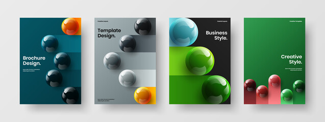 Geometric realistic balls postcard layout set. Multicolored cover design vector illustration collection.
