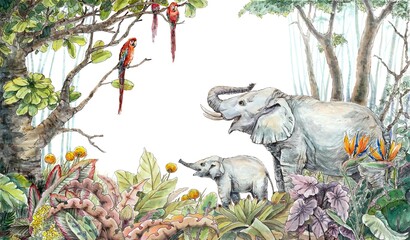 Watercolor painting of elaphants. Painting of beautiful image of a elephants in the forest.