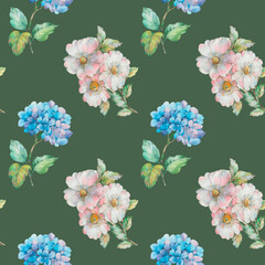 Raster texture of watercolor flowers for design. Delicate watercolor flowers collected in a seamless pattern for textiles, wrapping paper, scrapbooking and wallpapers.
