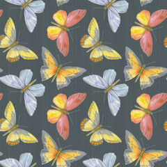Bright watercolor butterflies collected in a seamless pattern. Botanical ornament on a colored background for design, print, wallpaper, fabric.