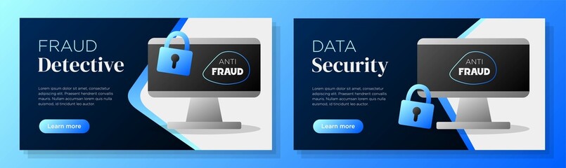 Fraud detective company online banner template set, cyber security corporate advertisement, horizontal ad, malware lock protection campaign webpage, flyer, creative brochure, isolated on background