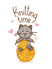 Cute cat sits on a ball of yarn and knits a scarf. Knitting logo. Vector.