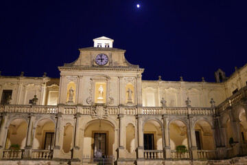 Lecce, Apulia, Italy: historic buildings in the cathedral square by night
