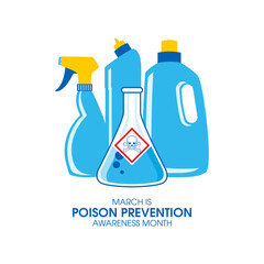 March is Poison Prevention Awareness Month vector. House chemical cleaning supplies vector. Laboratory beaker with toxic liquid and hazard symbol with skull vector