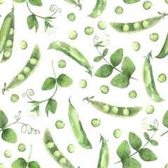Seamless pattern with watercolor peas