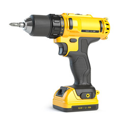 Yellow electric screwdriver drill  isolated on white. - obrazy, fototapety, plakaty