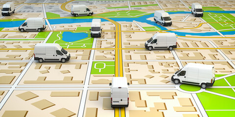 Delivery comercial vans on city map. Fleet of delivery service. - 488755385