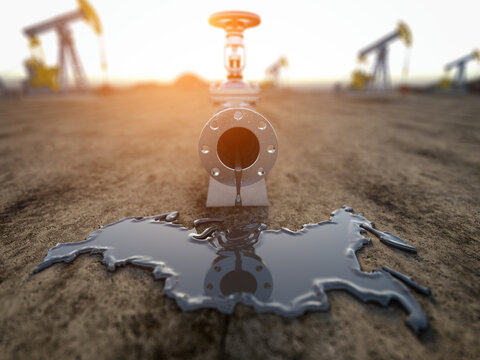 Russian oil industry concept. Oil tube pipeline with spilled oil in form of map of Russia.