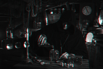 man in alchemist's costume in laboratory with jars by candlelight. Cosplay of computer game character with 3D glitch effect of virtual reality black and white