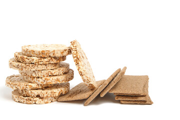Wheat and rye bread on a white background,a popular product is delicious and healthy food.
