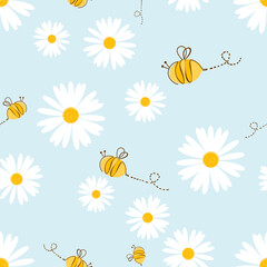 Seamless pattern with daisies and bee cartoons on blue background vector illustration.