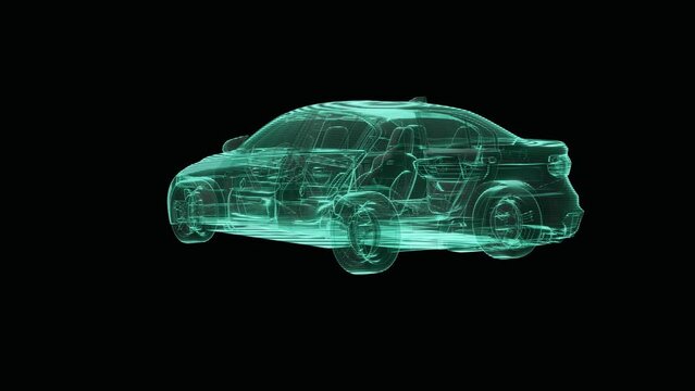 Car sedan hologram of a rotating 360 loop modern. 3D animation of Sport Utility Vehicle on a black background with a seamless loop 3d rendering