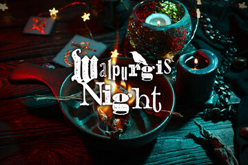 Ingredients for witch's ritual on table. Walpurgis Night - obrazy, fototapety, plakaty