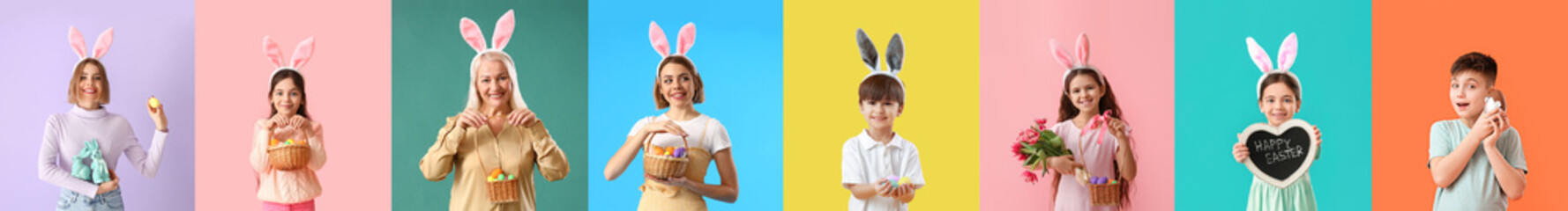 Beautiful young woman with bunny ears, toy rabbits and Easter egg on color background