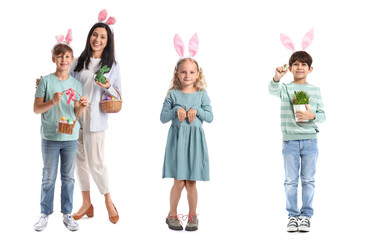 Little boy, his mother with Easter rabbit and eggs in baskets on white background