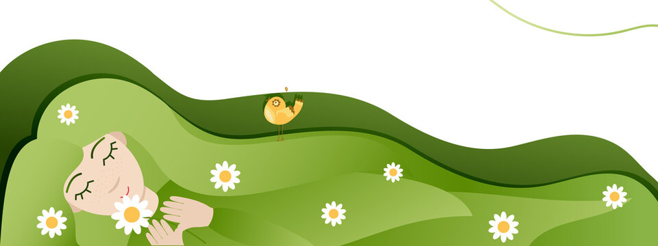 spring girl yellow green grass hair cute beautiful flowers relax rest pastime bird horizontal banner smile