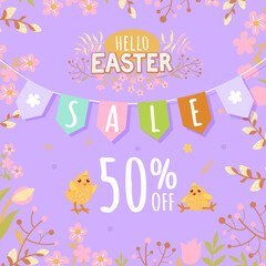 Banner with Easter chickens on a lilac background - 50% off. Poster, postcard - Hello Easter.