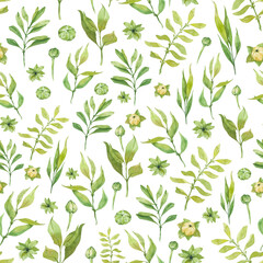 Seamless pattern of hand painted watercolor flowers and leaves. Garden pack