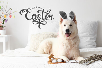 Easter greeting card with cute dog, eggs and pussy willow on bed