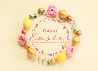 Beautiful Easter greeting card with flowers and painted eggs