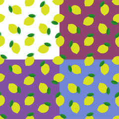 set of seamless patterns with whole lemon and leaves. Harvesting citrus fruits. Ornament for decoration and printing on fabric. Design element. Vector