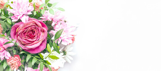 Floral arrangement with a place for text, horizontal banner on a white background. Spring flower background.