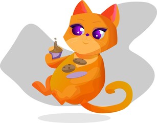 cartoon ginger cat with cookies and coffe