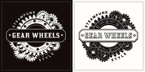 Monochrome vintage label with white, black gearwheels and horizontal space for text. Round emblem in steampunk style. Good for craft design.