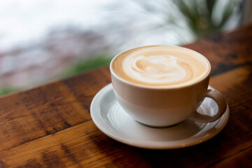 Latte Closeup on Wood Table