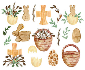 Easter clipart. Set of watercolor willow branches and holiday compositions